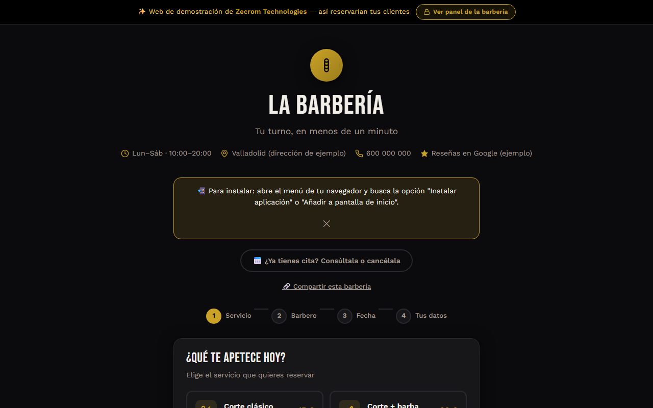 Sistema de reservas para barberías hecho por Zecrom