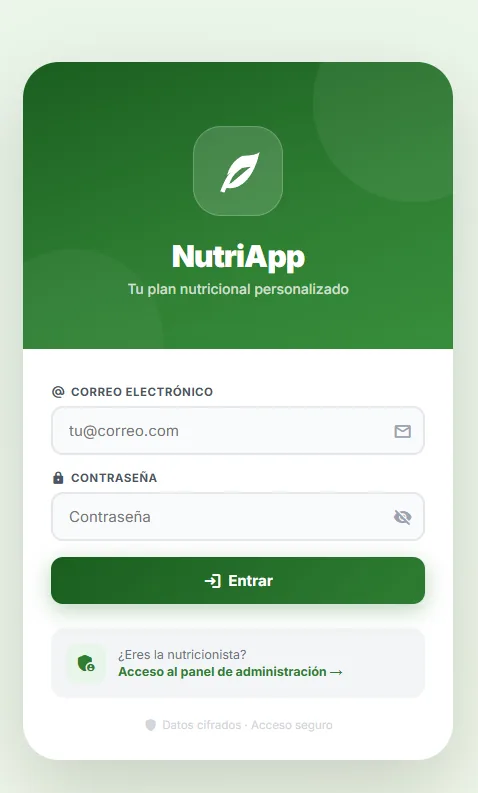 NutriApp — pantalla de acceso, aplicación para nutricionistas