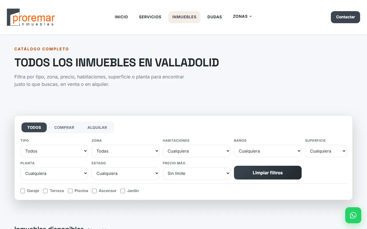 Proremar Inmuebles — catálogo con filtros por tipo, zona, precio y habitaciones