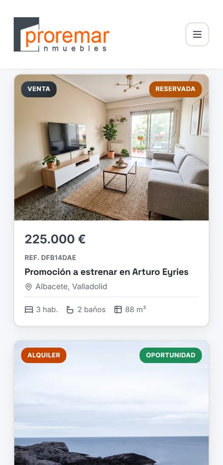 Catálogo de inmuebles de Proremar en el móvil — web hecha por Zecrom